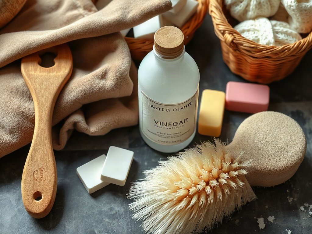 Bộ bàn chải mềm cùng các vật liệu làm sạch da lộn khác trên bàn.