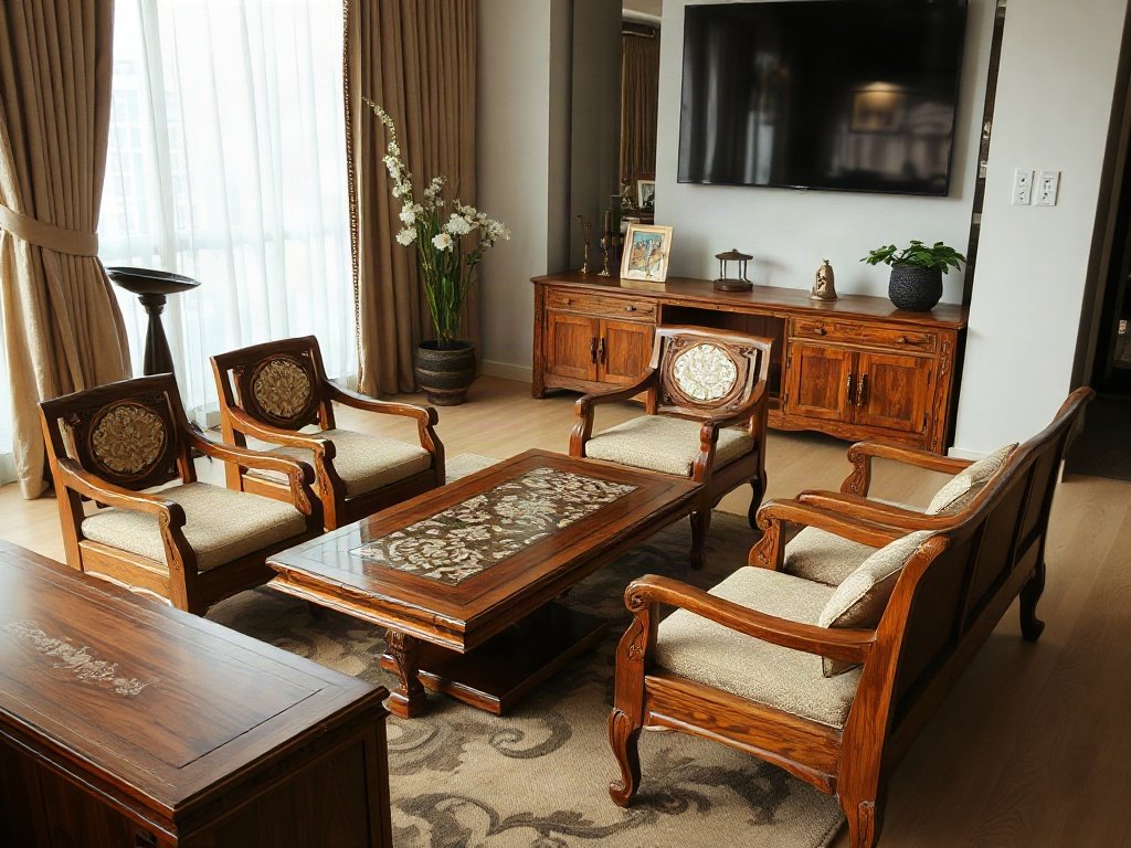 Bộ đồ nội thất gỗ khảm trai sáng bóng được trưng bày trong nhà hiện đại Việt Nam