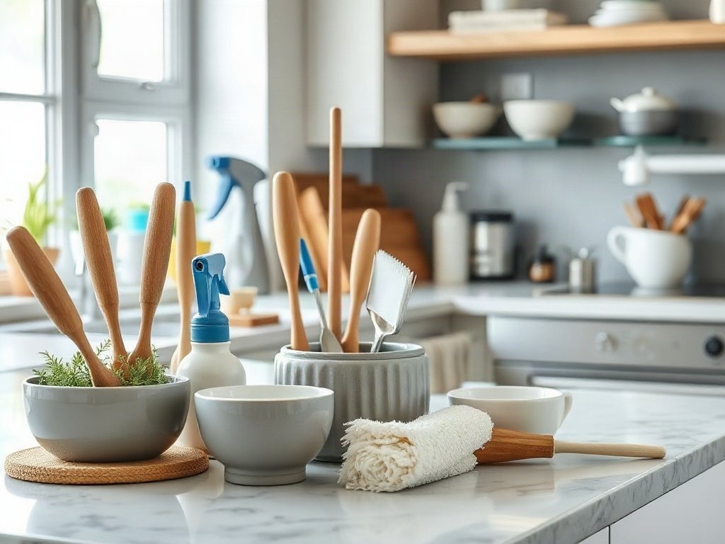 Bộ dụng cụ làm sạch gốm sứ trên bàn bếp rộng rãi