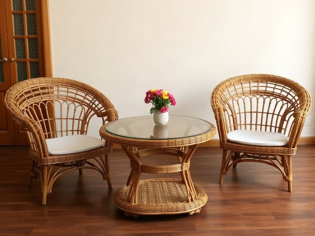 Bộ ghế và bàn mây đan sạch sẽ trong phòng khách Việt Nam.