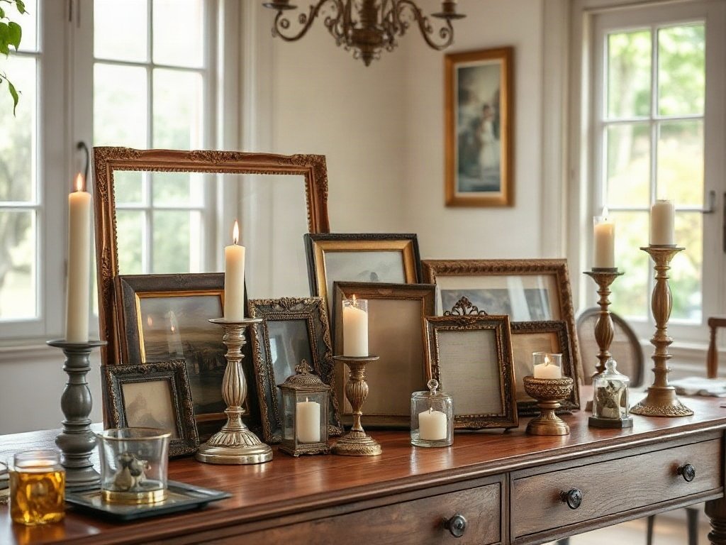 Bộ sưu tập vật dụng vintage phục hồi trên mặt bàn gỗ trong không gian sáng sủa