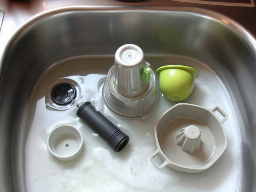 Các bộ phận của máy ép trái cây đang ngâm trong nước xà phòng trong bồn rửa bát