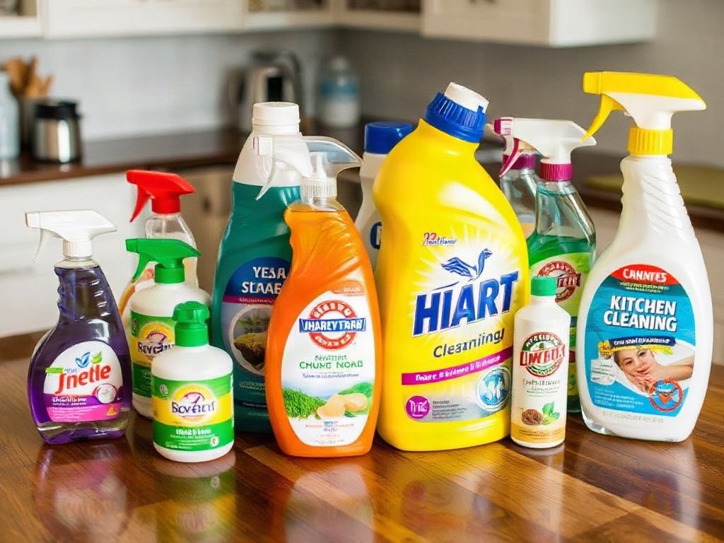 Các sản phẩm làm sạch bếp trưng bày trên bàn gỗ