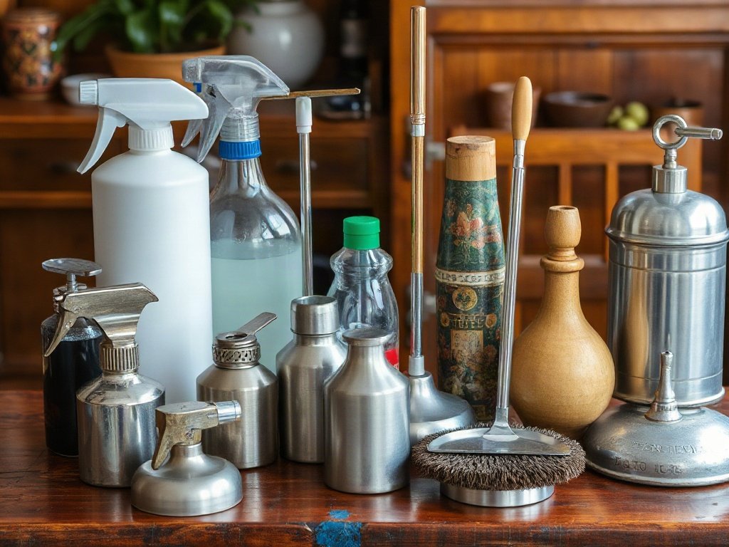 Các sản phẩm làm sạch đồ kim loại xếp trên bàn gỗ phong cách Việt Nam.
