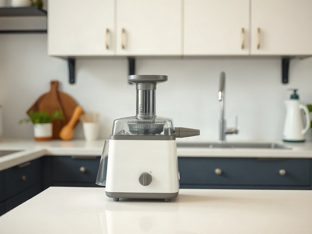 Căn bếp sạch sẽ với máy ép trái cây được đặt trên quầy kệ sạch bóng
