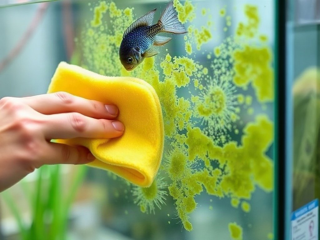 Cận cảnh tay chà rêu trên kính hồ cá bằng miếng bọt biển.