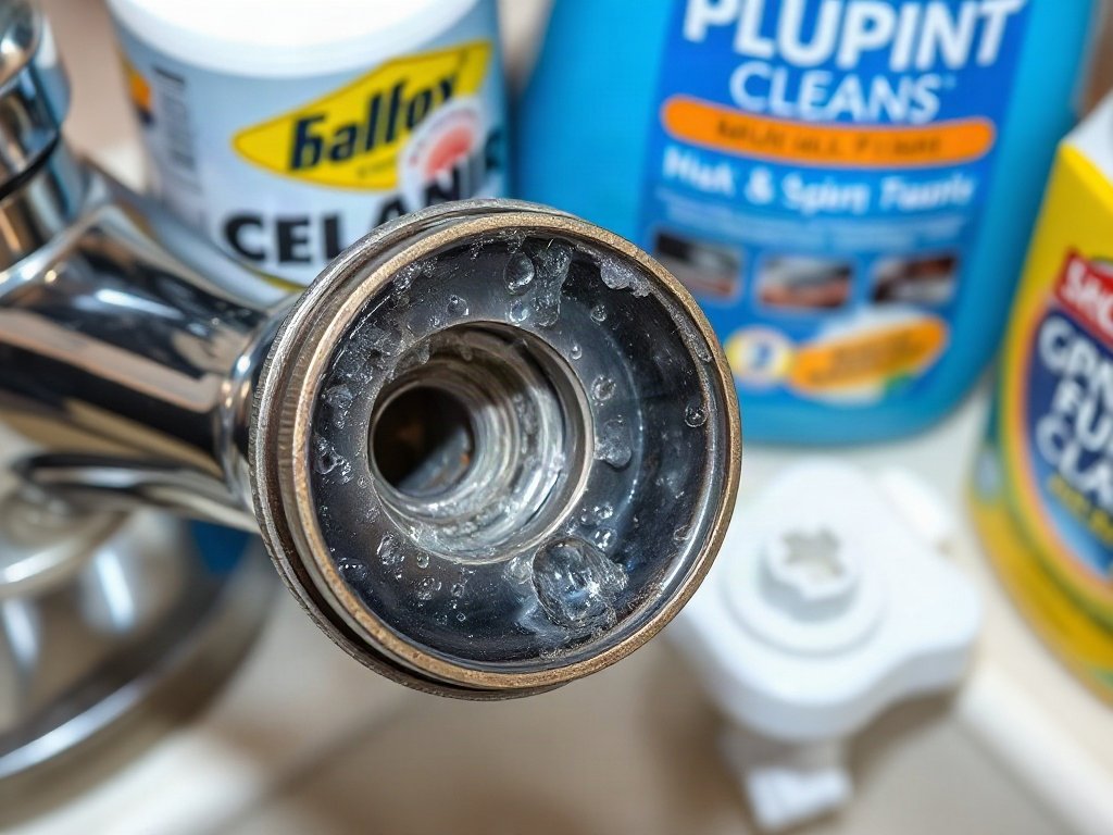 Cặn khoáng trên chi tiết vòi nước đã tháo rời cạnh các dụng cụ vệ sinh.