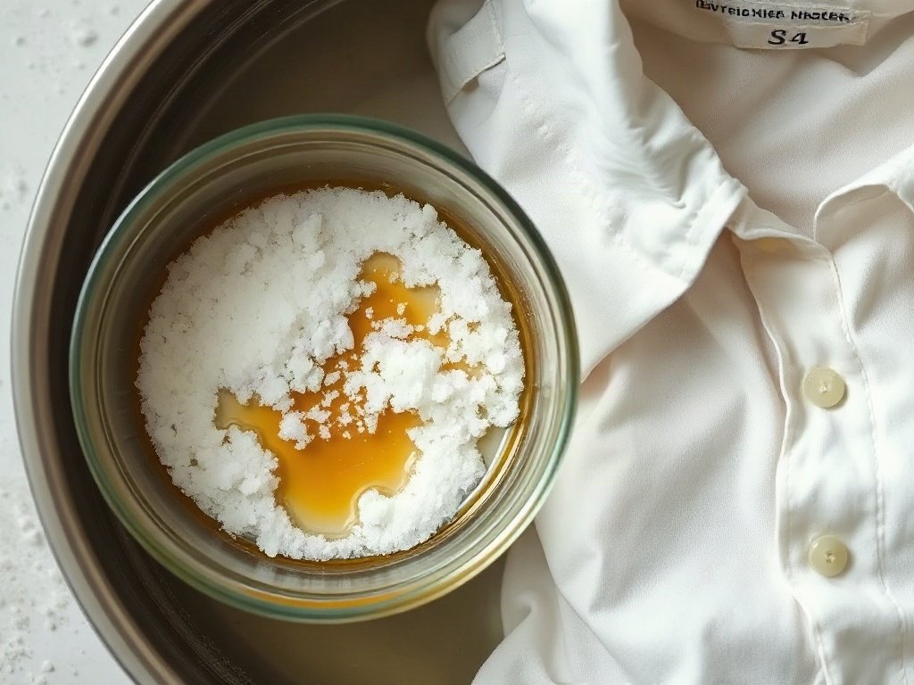 Cảnh bát đựng muối và giấm, áo trắng đang ngâm bên cạnh