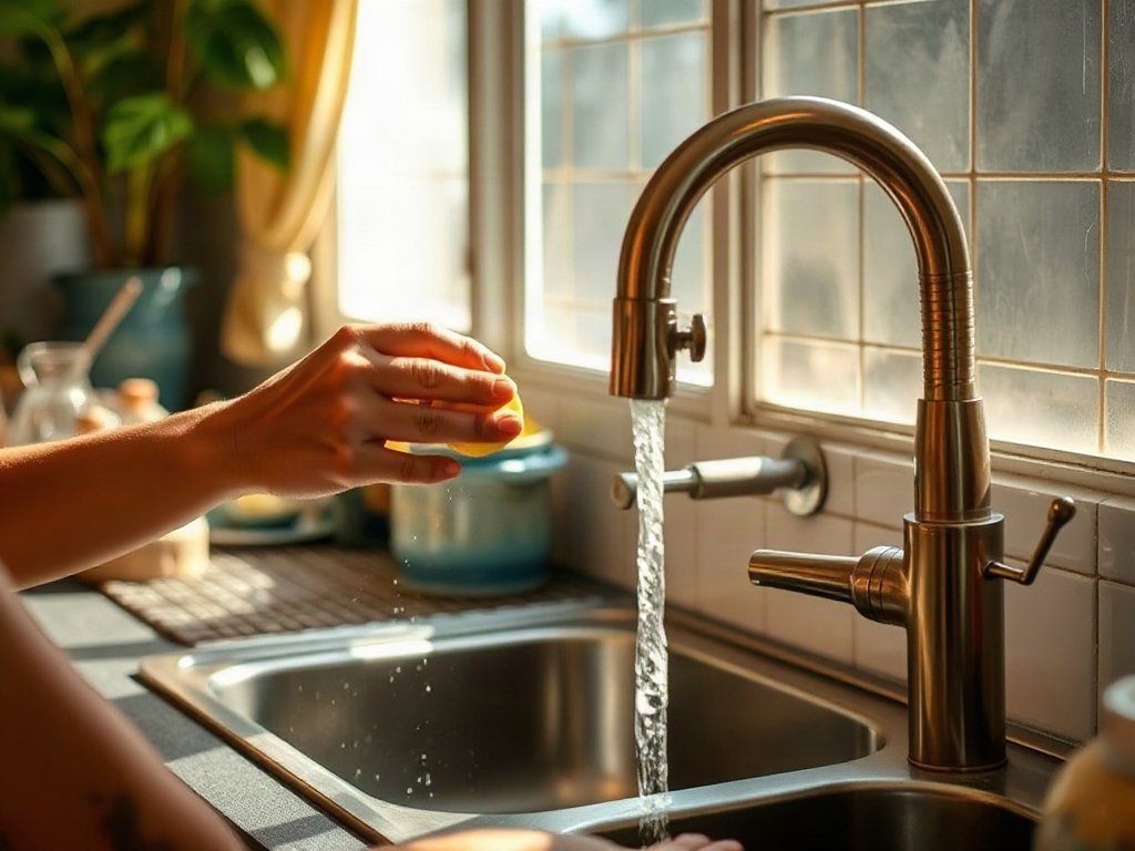 Cảnh bếp sáng sủa nơi ai đó dùng chanh làm sạch vòi nước kim loại.