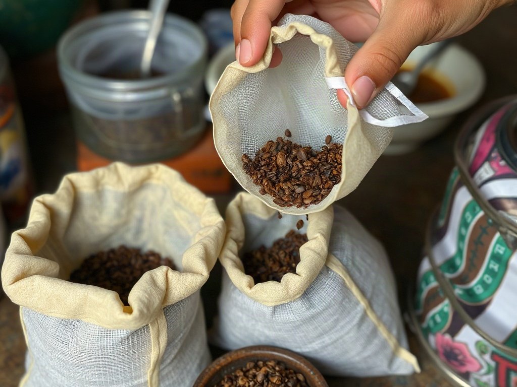Cảnh nhà Việt Nam, bã cà phê được cho vào túi nhỏ để khử mùi