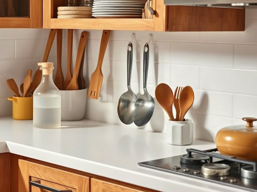 Cảnh tóm tắt của một nhà bếp sạch sẽ với dụng cụ sáng bóng