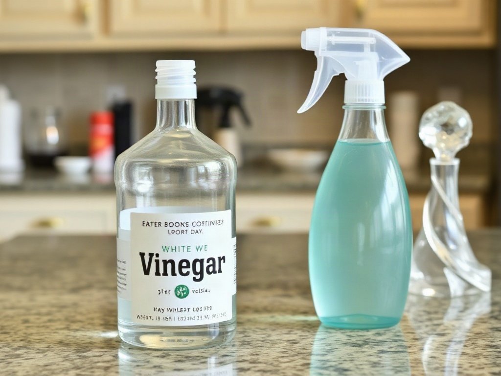 Chai giấm trắng và bình xịt trên quầy bếp cạnh tượng pha lê