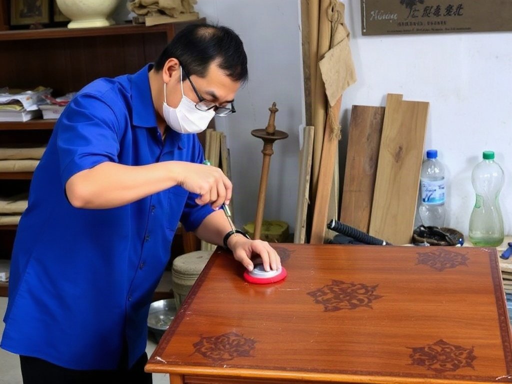 Chuyên gia Việt Nam trình diễn bước đánh bóng và kiểm tra cuối cùng của đồ gỗ khảm trai