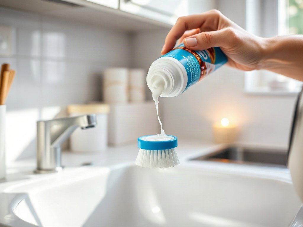 Đặt kem đánh răng lên bàn chải rửa chén để vệ sinh vết bẩn.