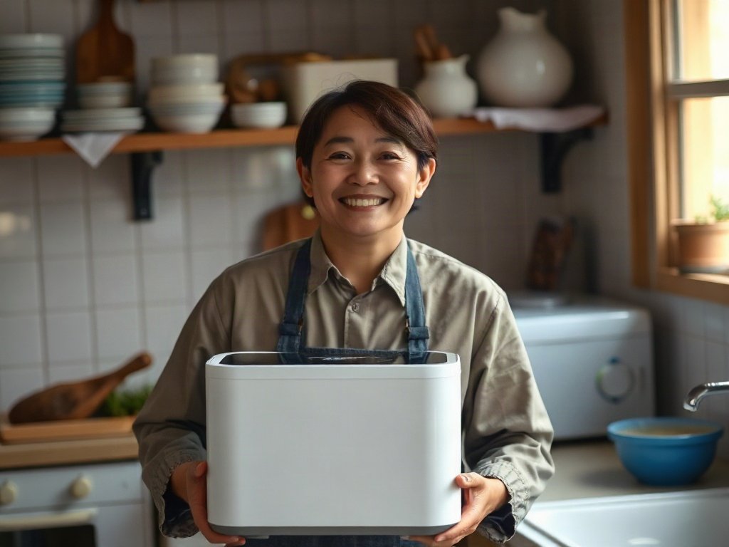 Đầu bếp Việt hài lòng với máy làm bánh mì sạch trong bếp gọn gàng.