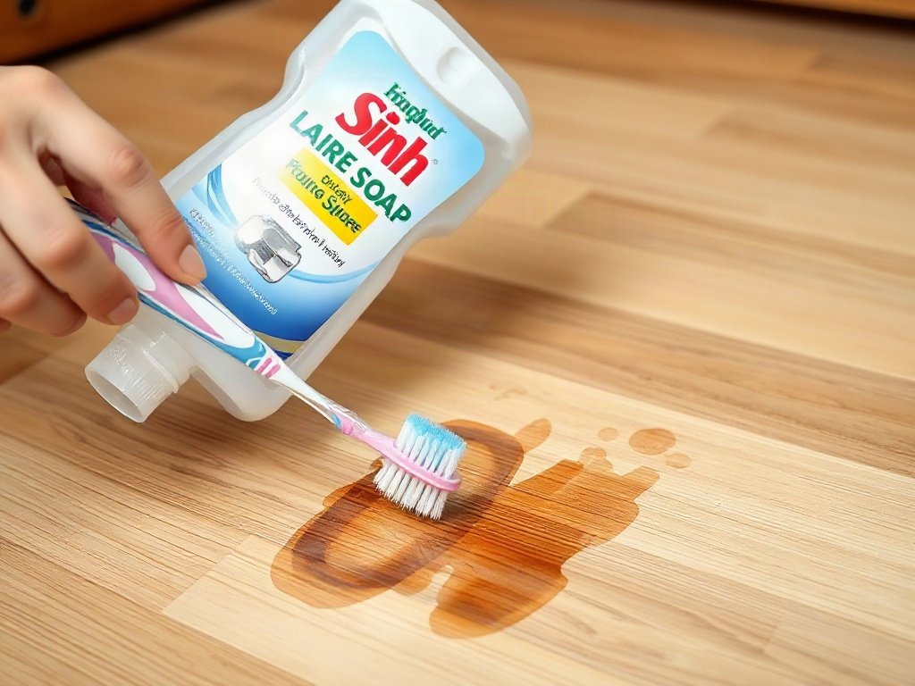 Dùng bàn chải chà xà phòng lên vết mực trên sàn gỗ.