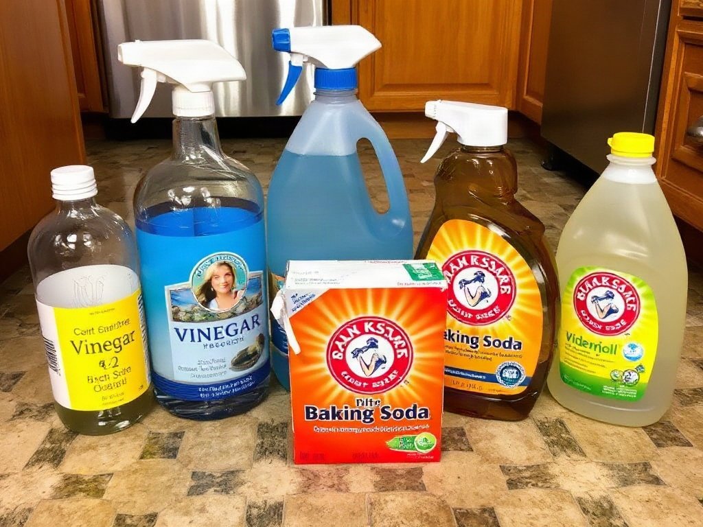 Dụng cụ làm sạch bếp như giấm, baking soda và xà phòng rửa chén