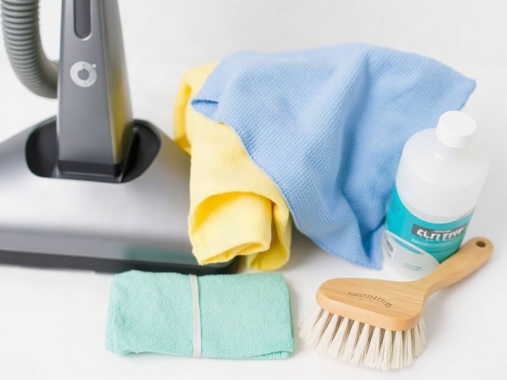 Dụng cụ làm sạch cơ bản như máy hút, khăn và chổi nhỏ sắp xếp gọn.