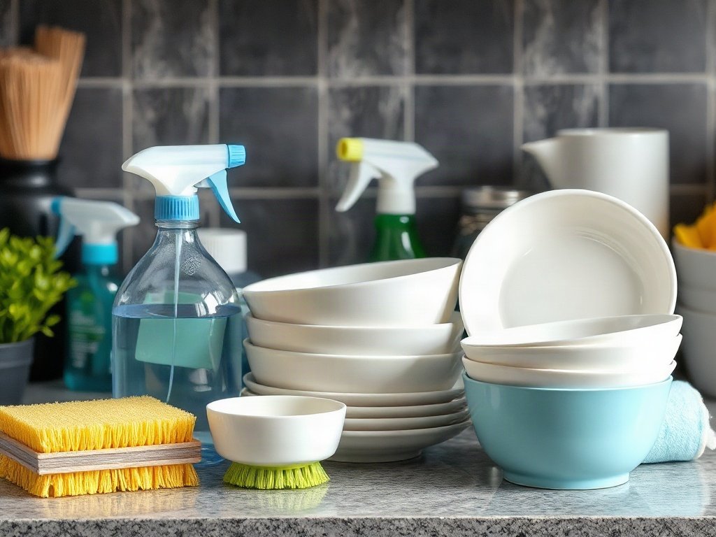 Dụng cụ làm sạch gốm, bọt biển và bàn chải trên bếp tươi sáng.