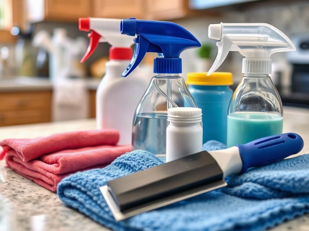 Dụng cụ vệ sinh cửa sổ như khăn vải microfiber và cây lau kính