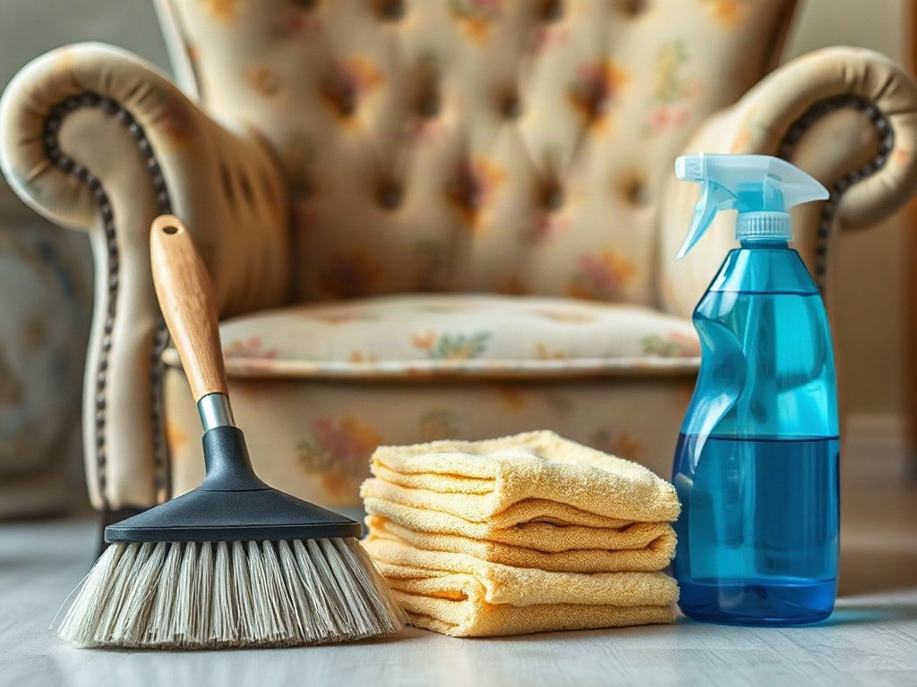 Dụng cụ vệ sinh như bàn chải, khăn sợi nhỏ, ghế vintage nền sau