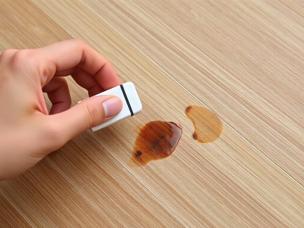 Dùng tẩy bút chì để xoá mực trên sàn gỗ.