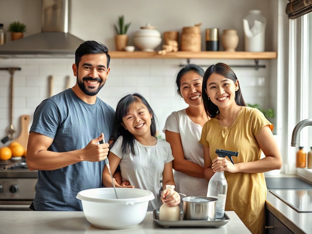 Gia đình người Việt hạnh phúc trong căn bếp sạch sẽ.