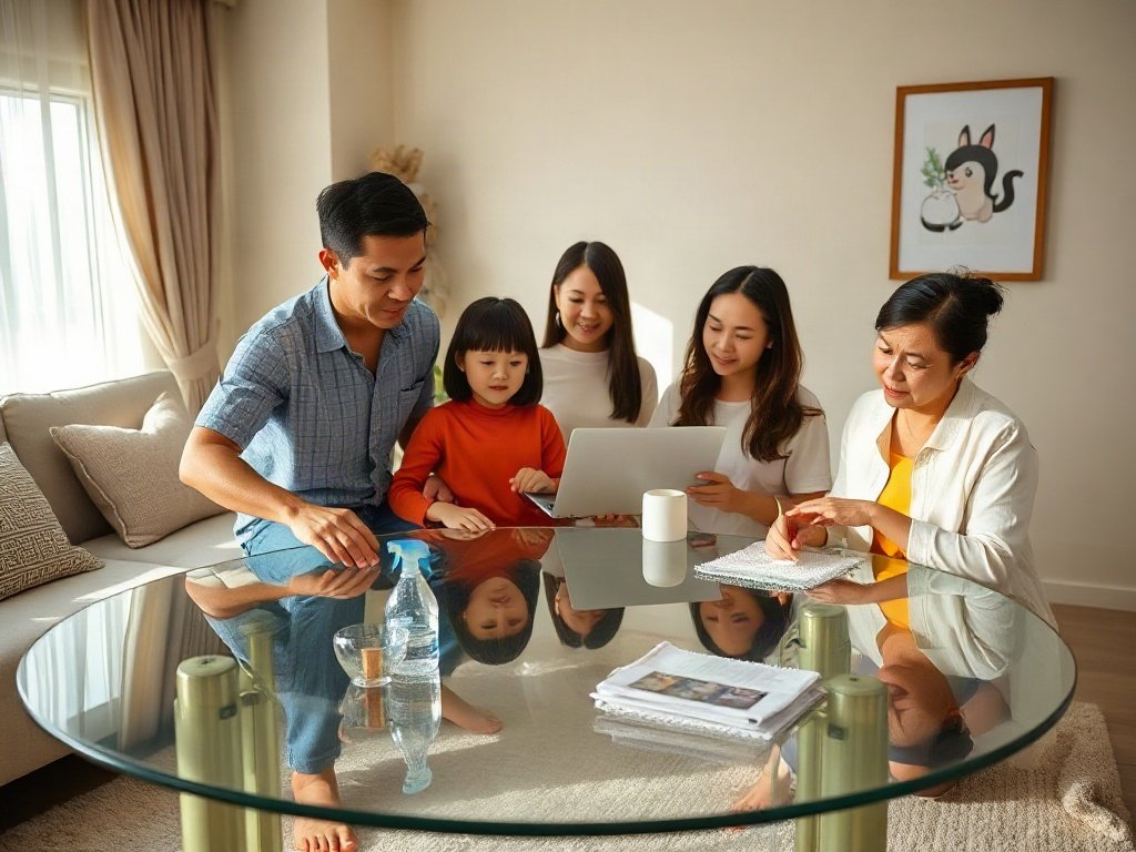 Gia đình Việt chiêm ngưỡng bàn kính vừa được lau sạch trong phòng khách ngập tràn ánh sáng tự nhiên.