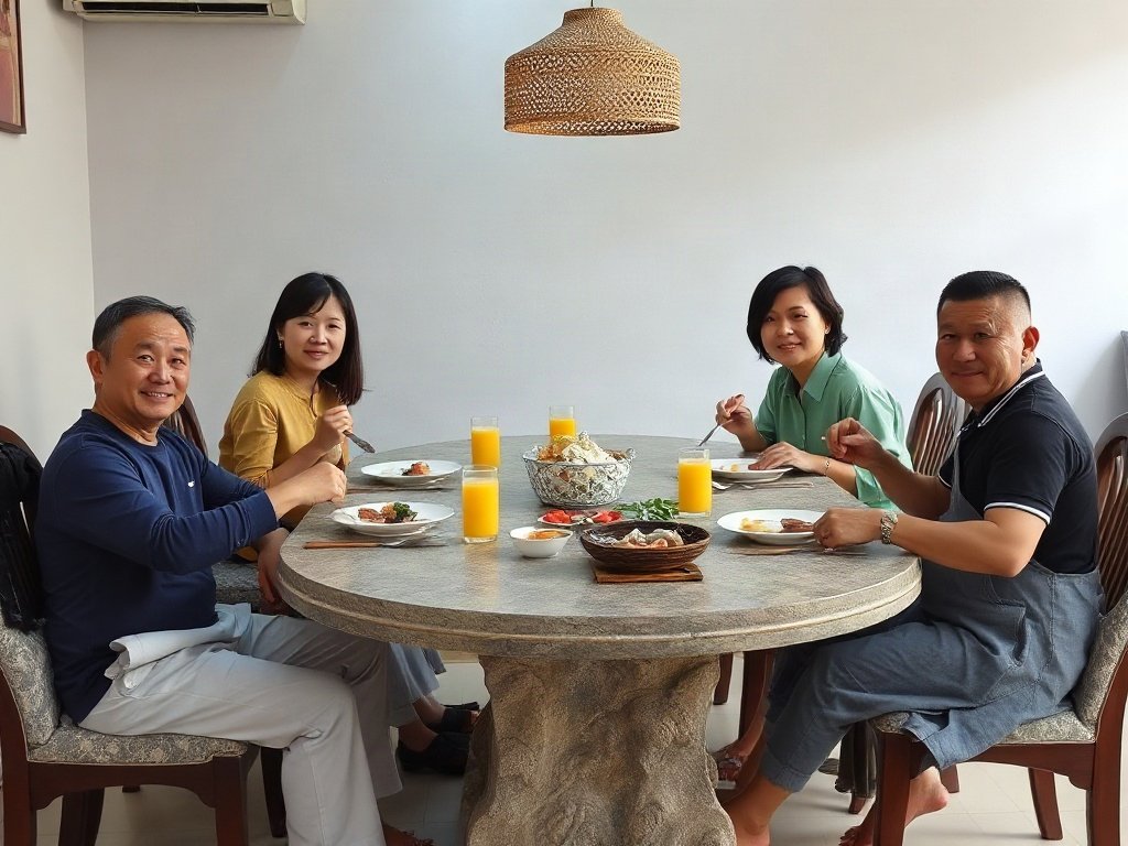 Gia đình Việt Nam ăn tối tại bàn đá sạch