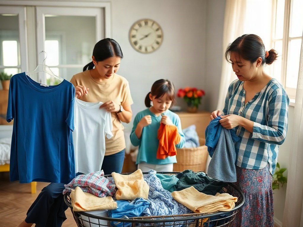 Gia đình Việt Nam ở nhà phân loại đồ giặt và thảo luận về chăm sóc áo quần
