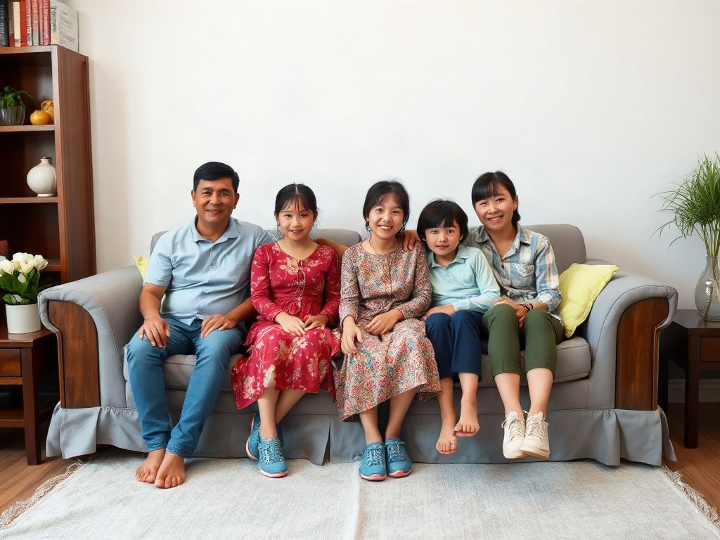 Gia đình Việt Nam trên ghế vải sạch vết nến.