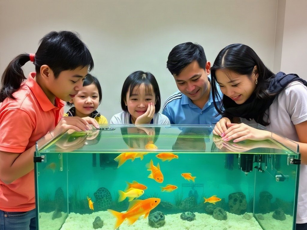 Gia đình Việt quây quần quanh hồ cá chiêm ngưỡng đàn cá khỏe mạnh.