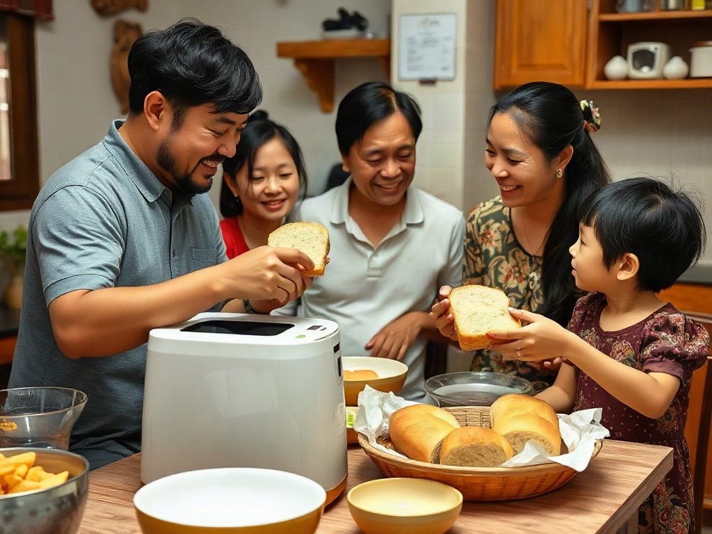 Gia đình Việt thưởng thức bánh từ máy làm bánh mì sạch.