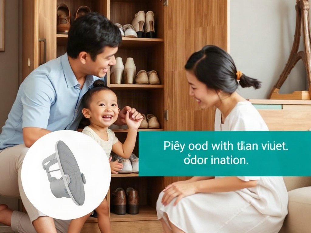 Gia đình Việt vui vẻ bên tủ giày, hài lòng với việc loại bỏ mùi.