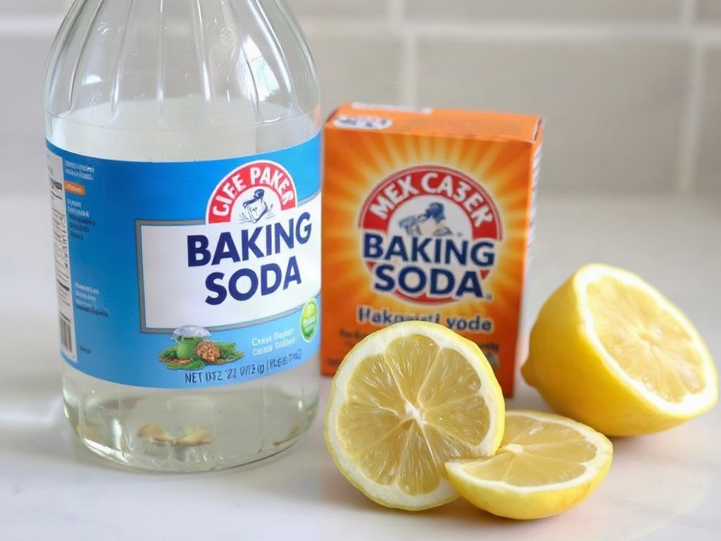 Giấm, baking soda và lát chanh sẵn sàng cho việc làm sạch đồ bếp.
