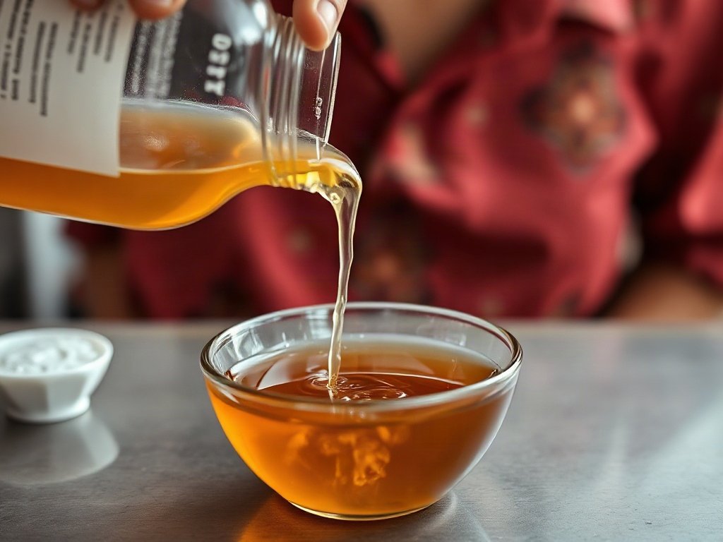 Giấm đổ vào bát nhỏ, phương pháp gỡ kẹo cao su