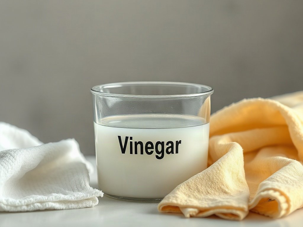 Giấm trắng, nước và khăn lau trên bàn