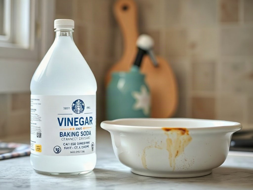 Giấm trắng và baking soda cạnh đồ gốm mốc trong bếp