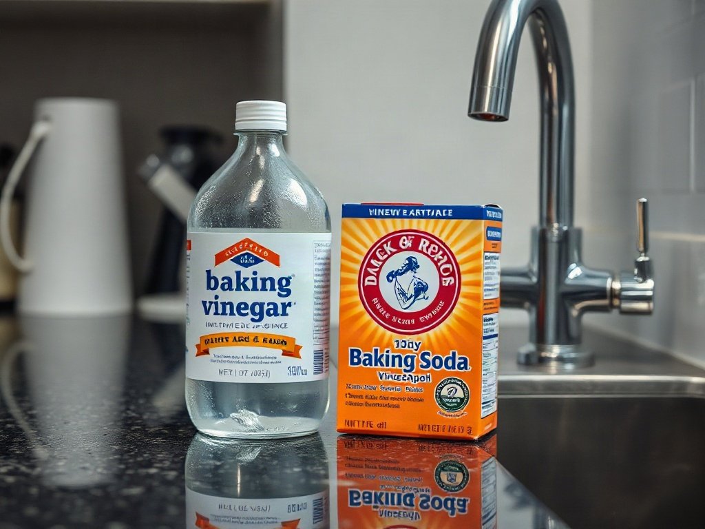 Giấm và baking soda trên bếp gần vòi nước, với hiệu ứng ánh sáng mạnh.