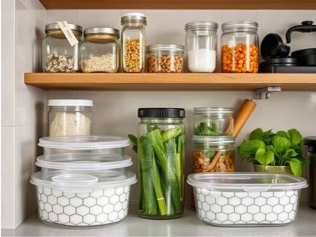 Gian bếp Việt với các hộp thủy tinh sạch, nổi bật sự gọn gàng và bóng loáng.