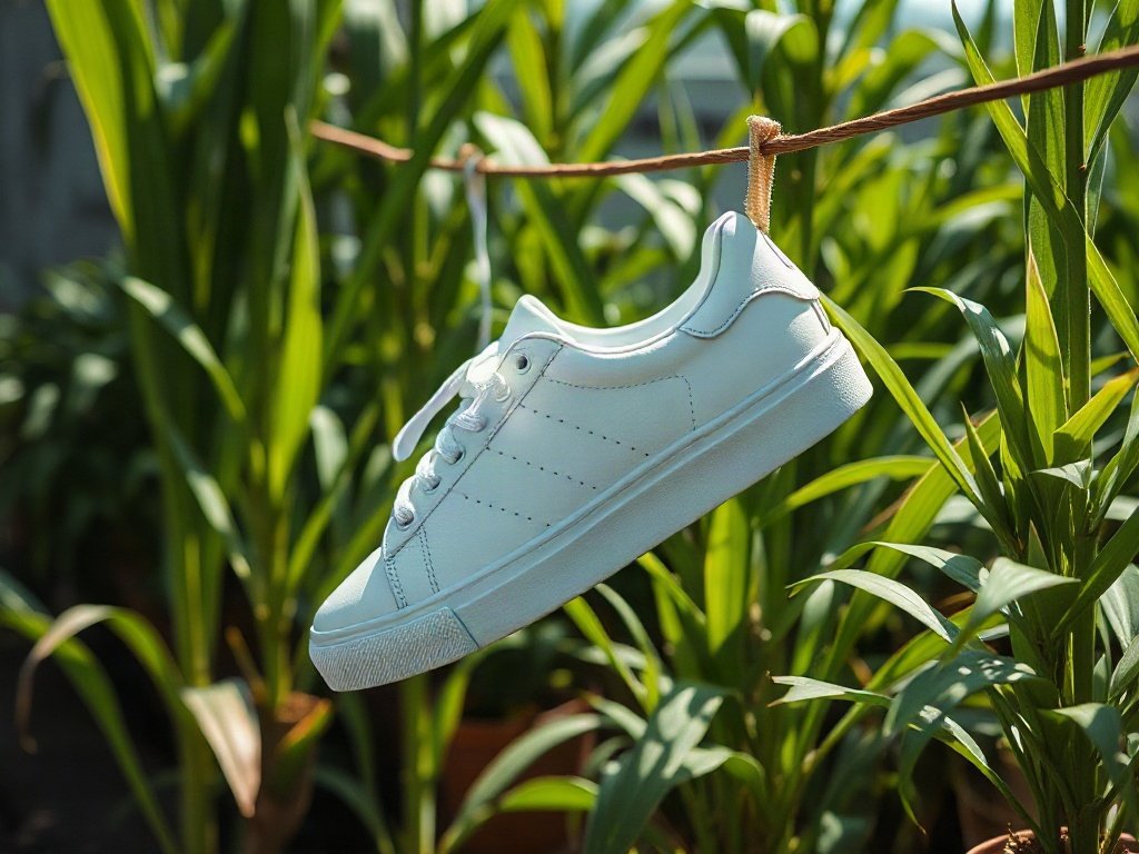Giày sneaker trắng phơi khô tự nhiên dưới ánh nắng