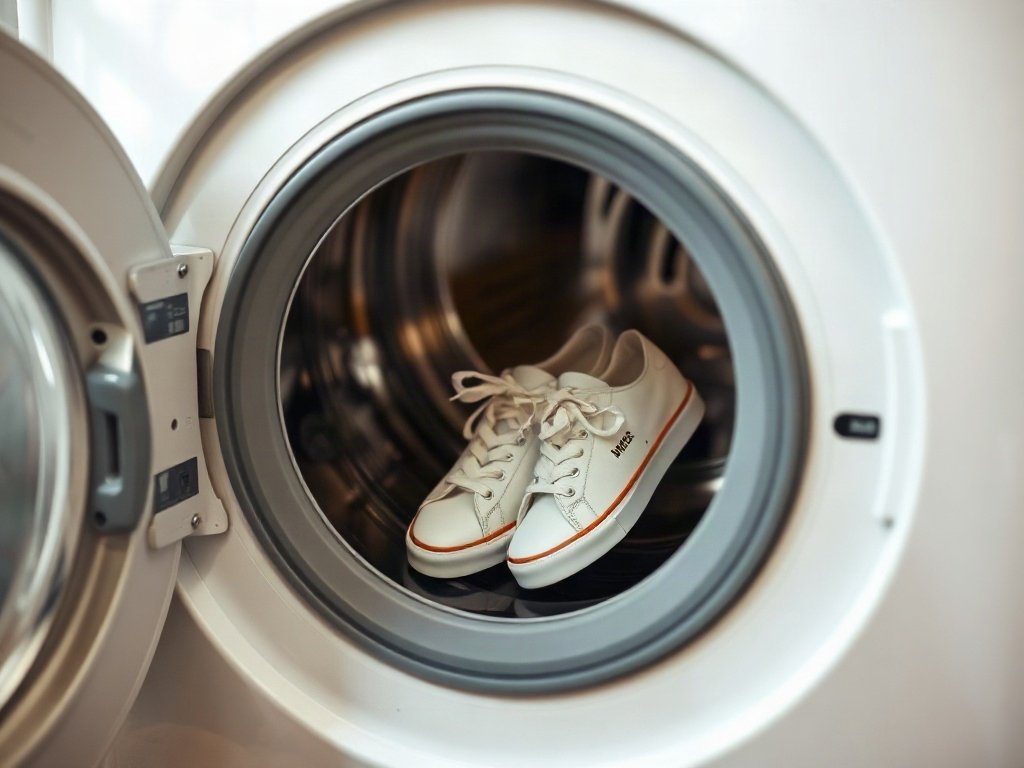 Giày sneaker trắng trong máy giặt