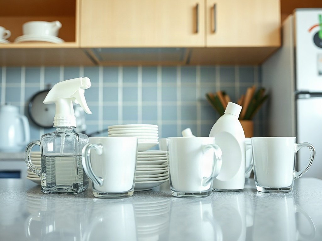 Góc rộng bếp sau khi vệ sinh, cốc sạch sáng bóng.