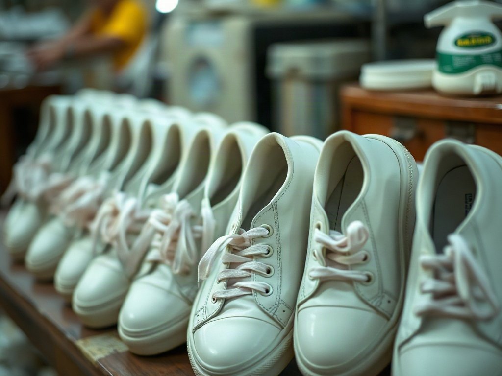 Hàng giày sneaker trắng sáng, sắp xếp gọn gàng