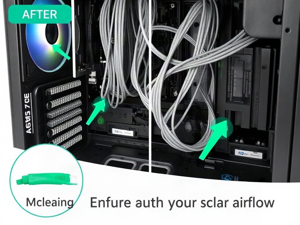 Hình ảnh quản lý dây cáp trong vỏ máy tính sau khi vệ sinh, đảm bảo luồng không khí tốt hơn.