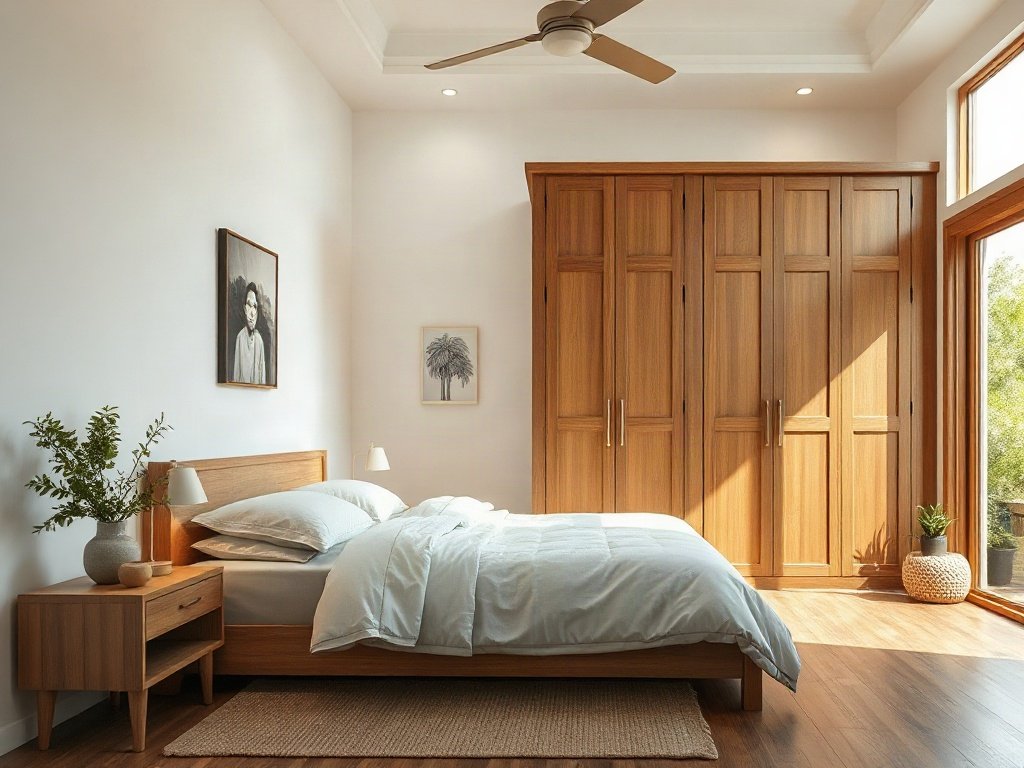 Phòng ngủ Việt Nam với tủ quần áo gỗ tự nhiên và ánh sáng nhẹ nhàng