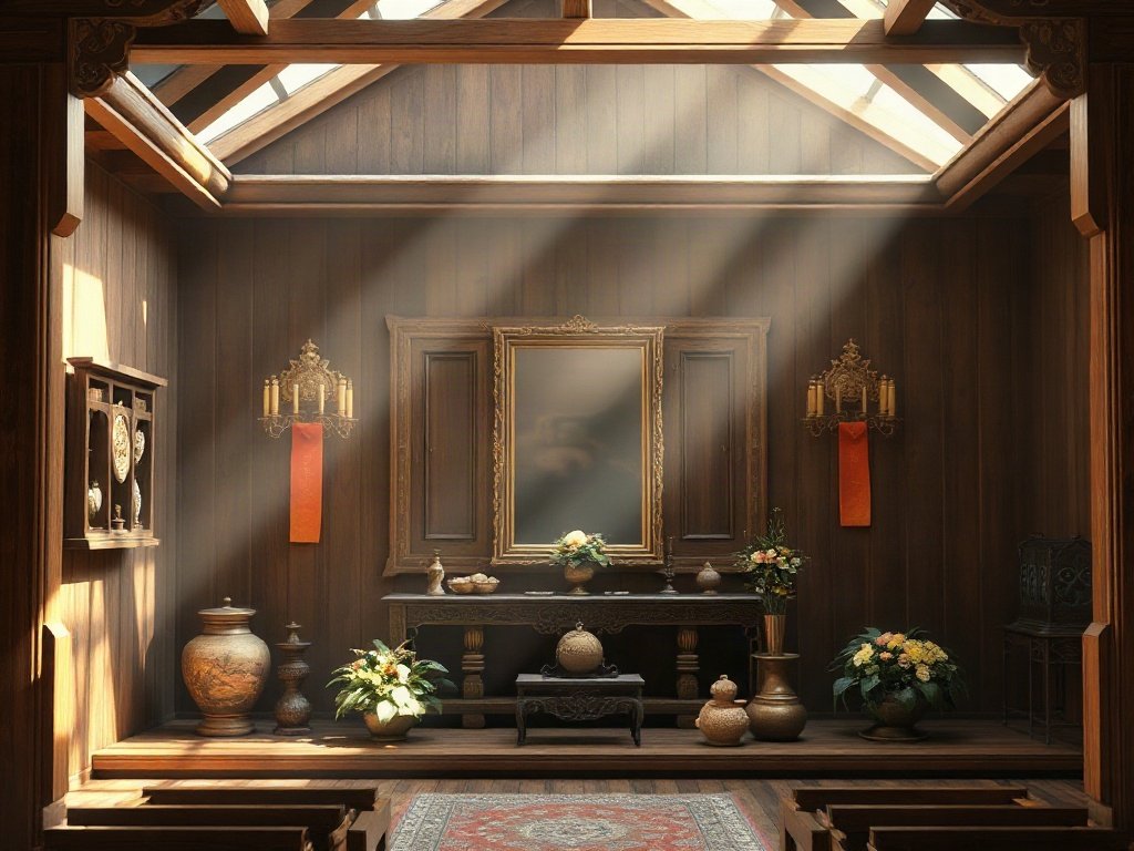 Bàn thờ gỗ truyền thống Việt Nam với ánh sáng tự nhiên.