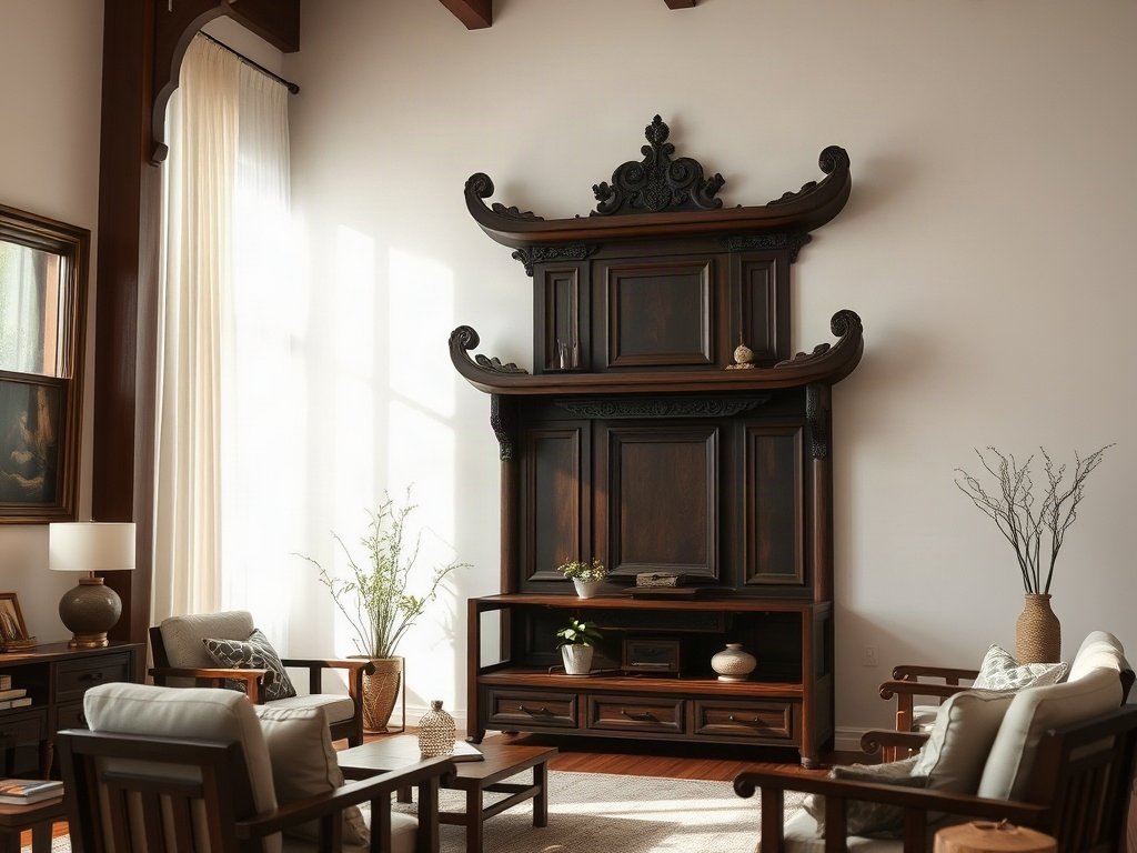 Bàn thờ gỗ truyền thống Việt Nam với ánh sáng tự nhiên