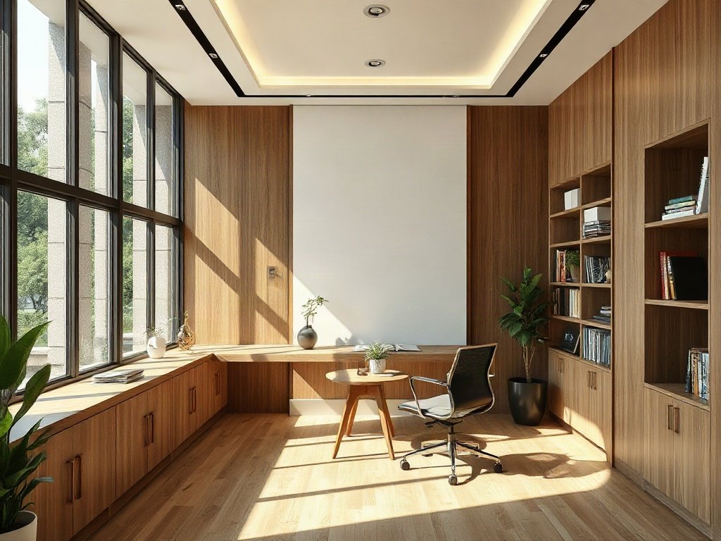 Bàn làm việc gỗ hiện đại với ánh sáng tự nhiên, phong cách Việt Nam