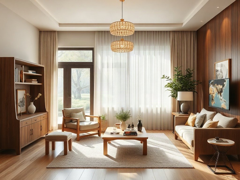 Phòng khách Việt Nam với nội thất gỗ sang trọng và ánh sáng tự nhiên